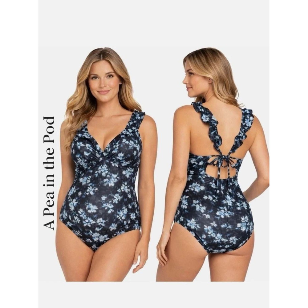 NWT A Pea in the Pod Womens Maternity One Piece Swimsuit Floral Navy L Babymoon